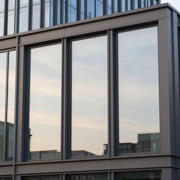Facade contemporaine en verre triple vitrage reflechissant le ciel