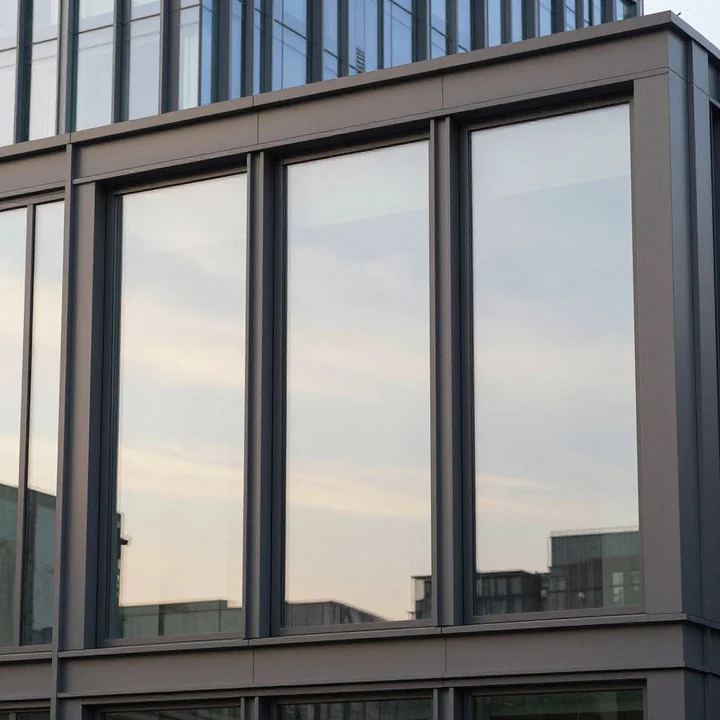 Facade contemporaine en verre triple vitrage reflechissant le ciel