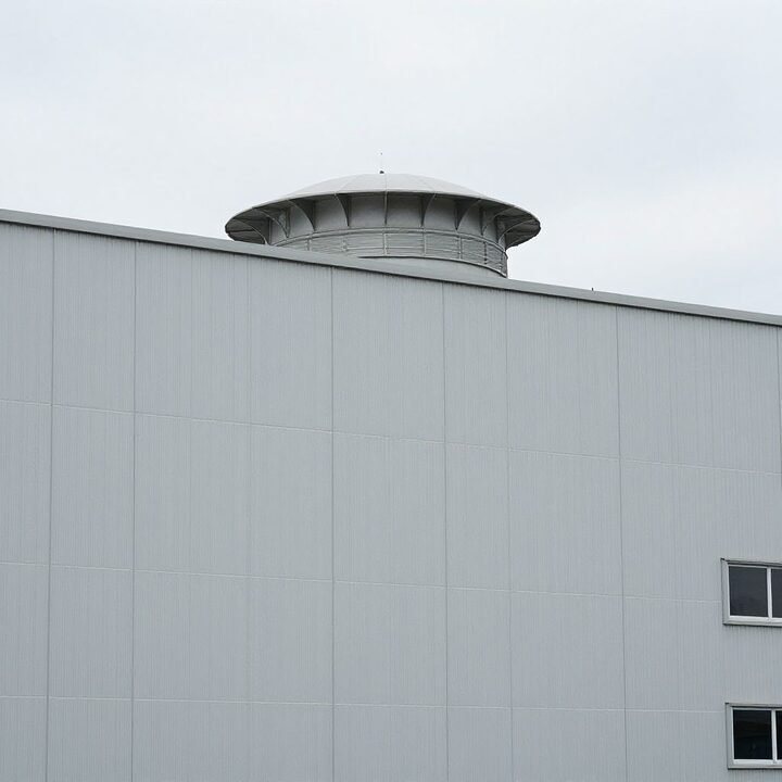 Batiment industriel avec chapeau de ventilation en toiture et bardage metallique