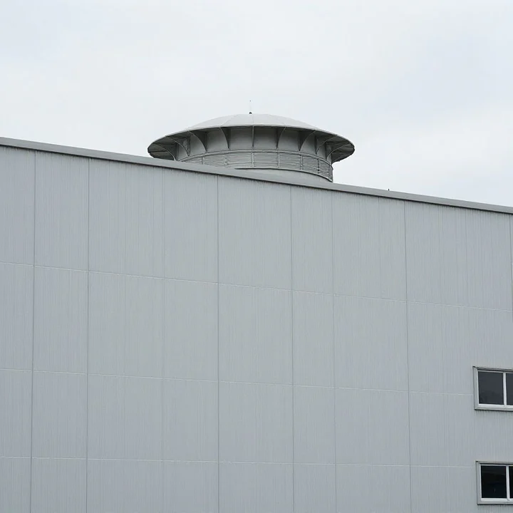 Batiment industriel avec chapeau de ventilation en toiture et bardage metallique