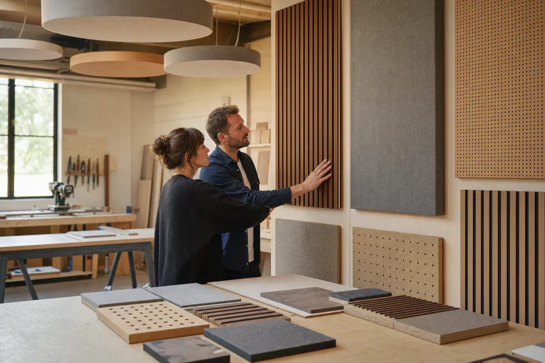 Technician and designer examining decorative acoustic panels and material samples in a modern manufacturing workshop.