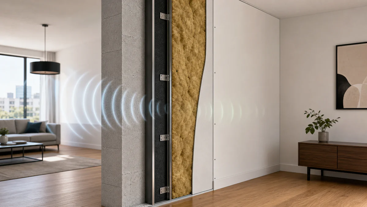 Cutaway view of an insulated interior wall showing acoustic layers that reduce sound coming from a neighboring room.