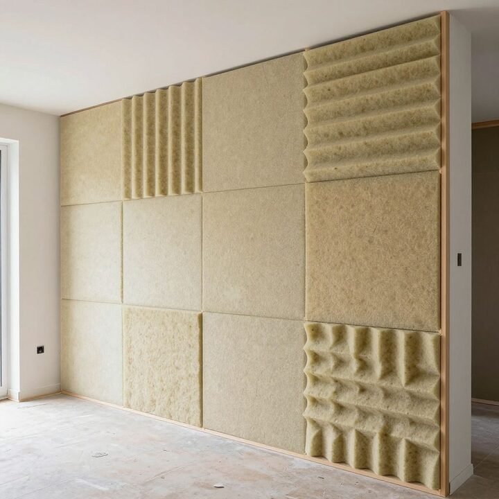 Isolation phonique d'une paroi avec panneaux de laine minerale acoustique sur chantier de renovation