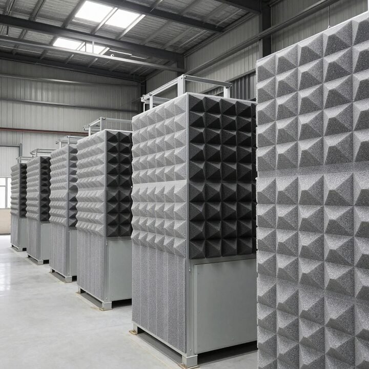 Traitement acoustique industriel dans une usine avec bafflers absorbants et capotages de machines ICPE