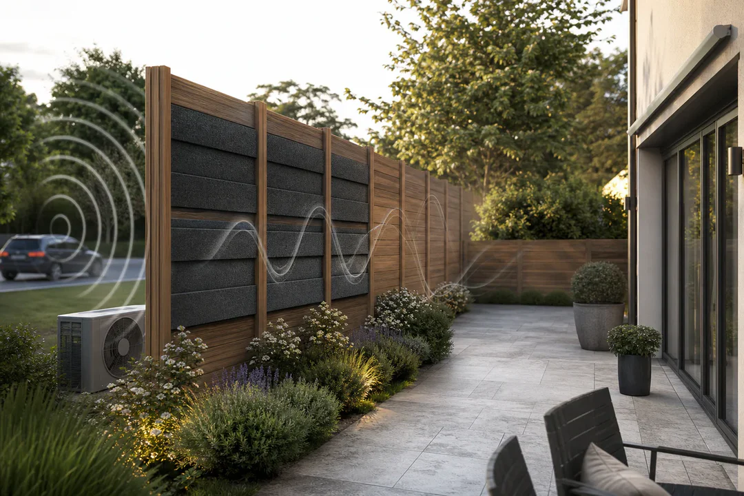 Outdoor acoustic barrier with absorbent panels installed along a garden terrace to reduce reflected noise.