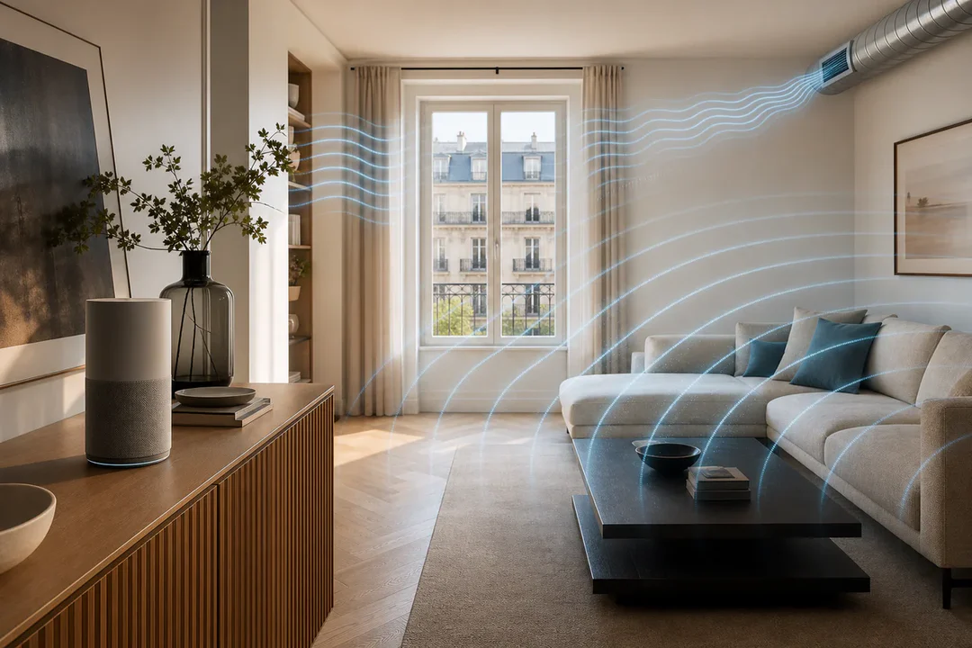 Modern living room with a discreet electronic acoustic device visualizing reduced sound waves near a window and ventilation d