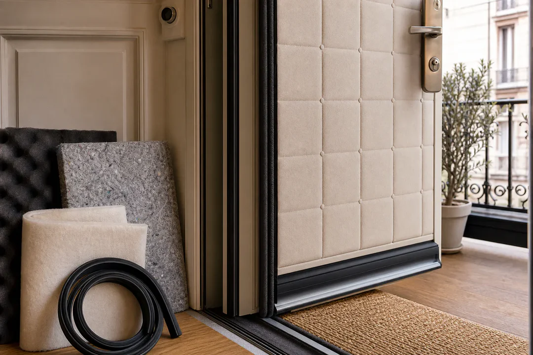 Interior front door with insulation panel, perimeter seals, and door sweep materials arranged for acoustic and thermal improv