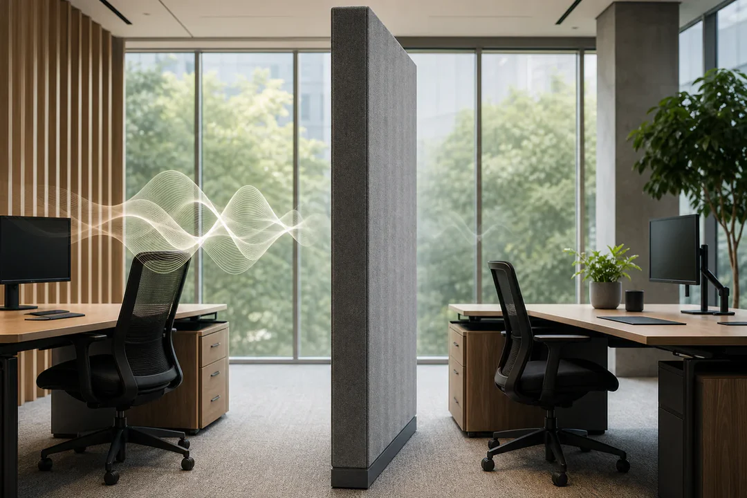 Modern office desks separated by a tall acoustic partition illustrating reduced sound transmission between workstations.