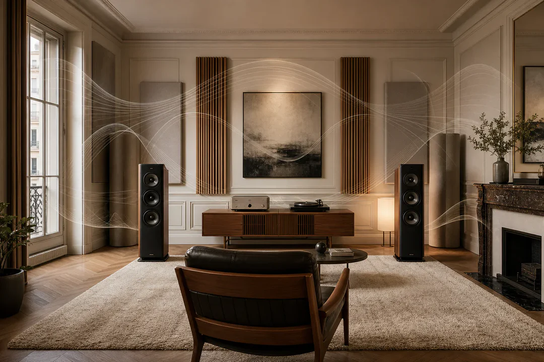Salon hi-fi moderne avec enceintes stéréo, traitements acoustiques intégrés et visualisation abstraite des réflexions sonores