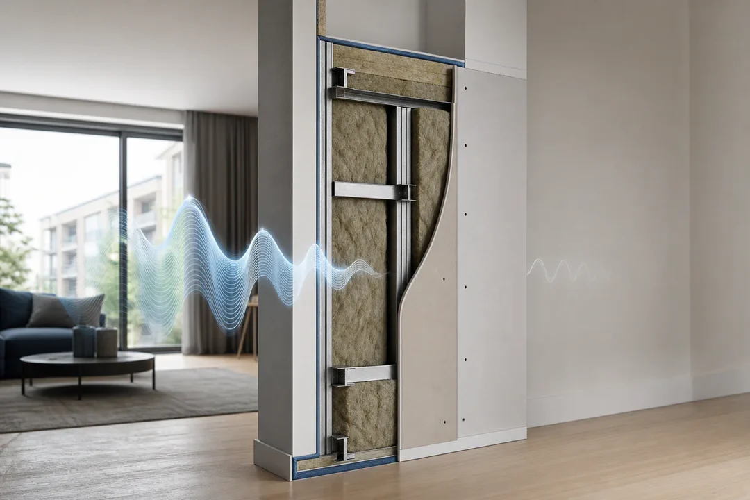 Cutaway view of a modern wall with acoustic insulation layers reducing sound transmission in an interior room.