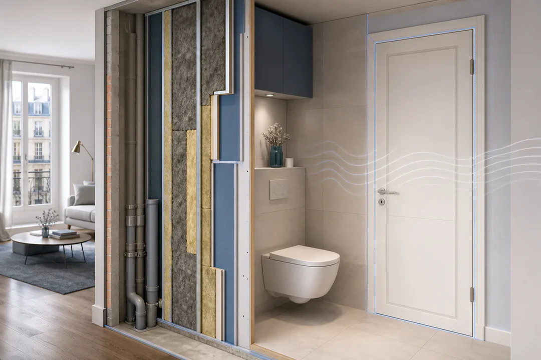 Cutaway illustration of a toilet room showing acoustic treatment around the door, walls and plumbing to reduce noise transmis