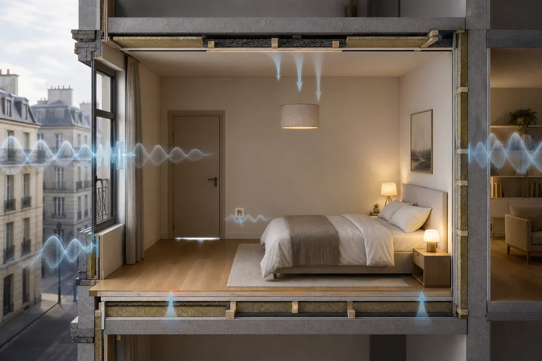 Illustration d'une chambre moderne montrant les principaux points de fuite sonore à traiter pour améliorer l'isolation phoniq