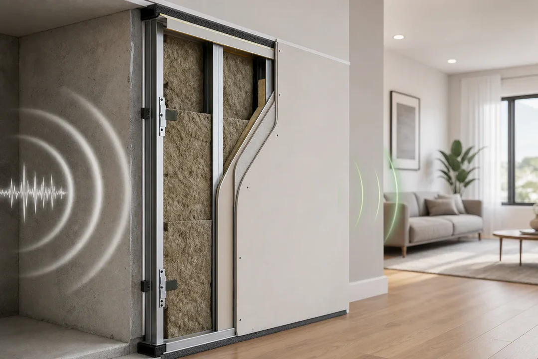 Vue en coupe d’un mur intérieur avec plusieurs couches d’isolation acoustique absorbant les ondes sonores.
