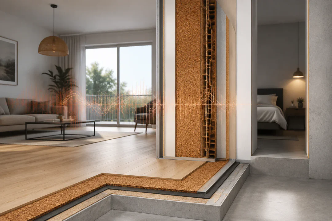 Cutaway view of a modern apartment wall and floating floor using natural cork layers to reduce sound transmission between nei