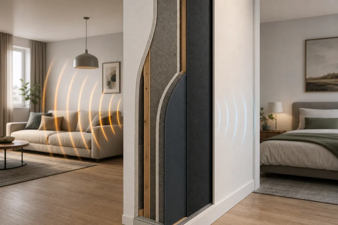 Cutaway view of a thin acoustic insulation layer reducing sound transmission through an apartment wall.