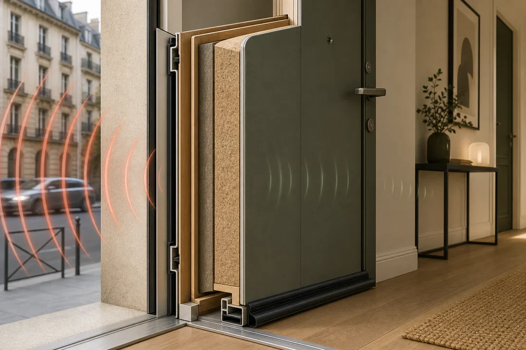 Illustration d'une porte d'entrée isolée phoniquement avec joints, bas de porte et ondes sonores atténuées.