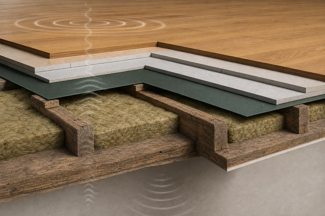 Illustration en coupe d'un plancher bois rénové avec couches d'isolation phonique et ondes sonores atténuées.
