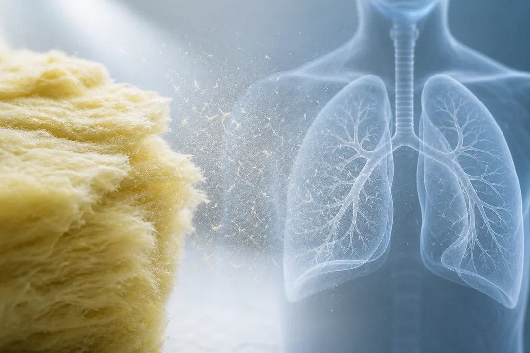 Conceptual image of glass wool insulation fibers and airborne particles near a translucent lung silhouette, representing resp