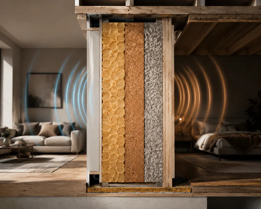 Cutaway illustration of a wall and ceiling comparing layered acoustic insulation materials like mineral wool, cork, and cellu