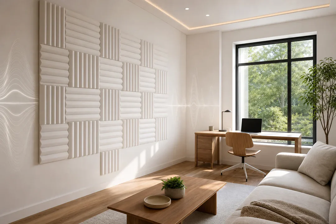Pièce claire et moderne avec des panneaux de mousse acoustique blanche installés sur un mur pour réduire la réverbération.