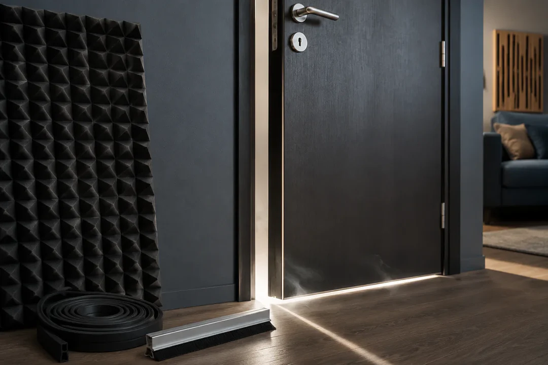 Modern door with visible gaps around the frame, acoustic foam panel, sealing gasket, and door sweep illustrating a complete a