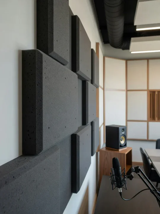 Acoustic foam panels installed on the wall of a modern professional audio and meeting space.