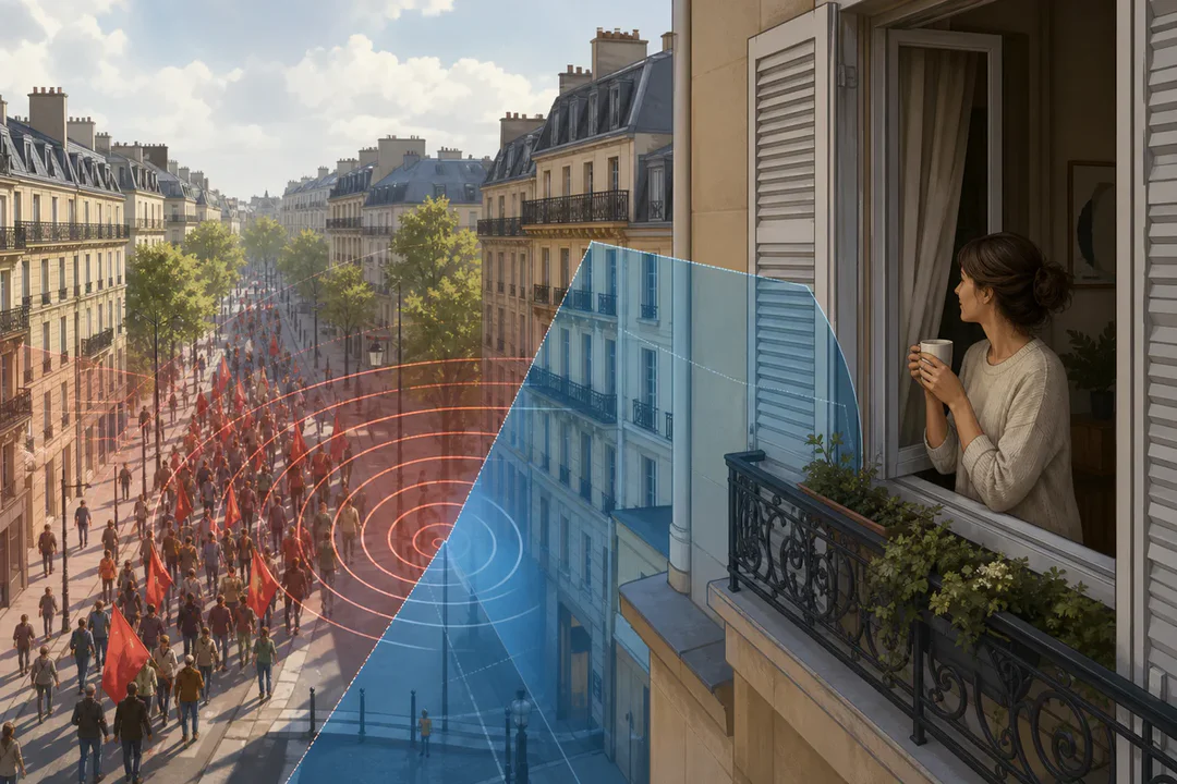 Illustration of a May 1st street demonstration near residential apartments with abstract sound waves symbolizing noise nuisan