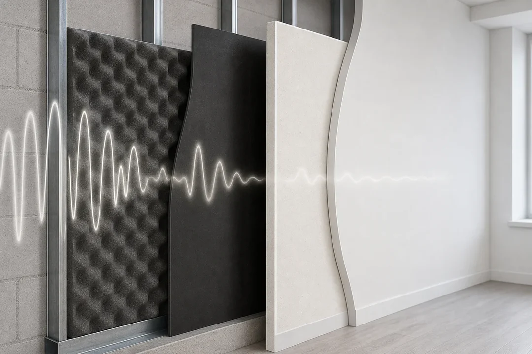 Cutaway view of layered soundproofing materials on a modern interior wall, showing acoustic board, damping membrane, and foam