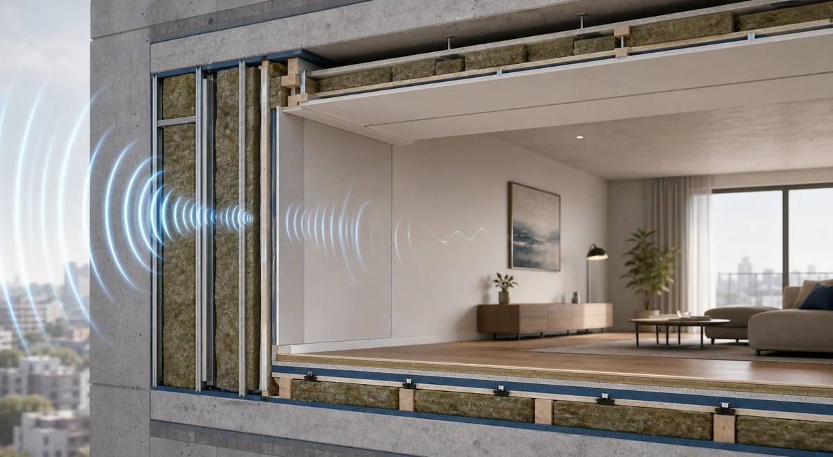 Cutaway view of a wall, ceiling, and floor with acoustic insulation layers blocking sound waves in a modern interior.
